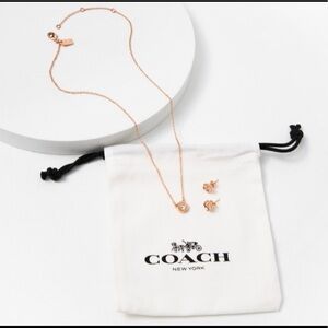 Coach Open Circle Necklace & Tea Rose Stud Earrings Set in Rose Gold NWT